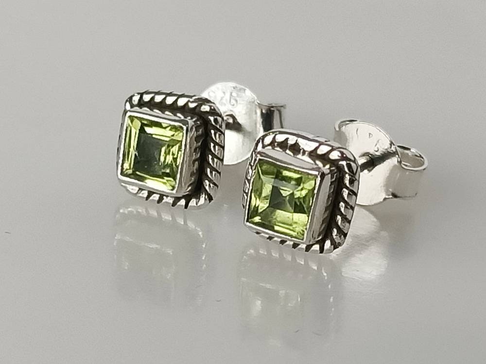 Genuine PERIDOT Gemstones Solid 925 OXIDIZED SILVER Bohemian Square Stud Earrings, Olive Green Cushion Cut  Peridot Stud Earrings, Australia, Zorbajewellers