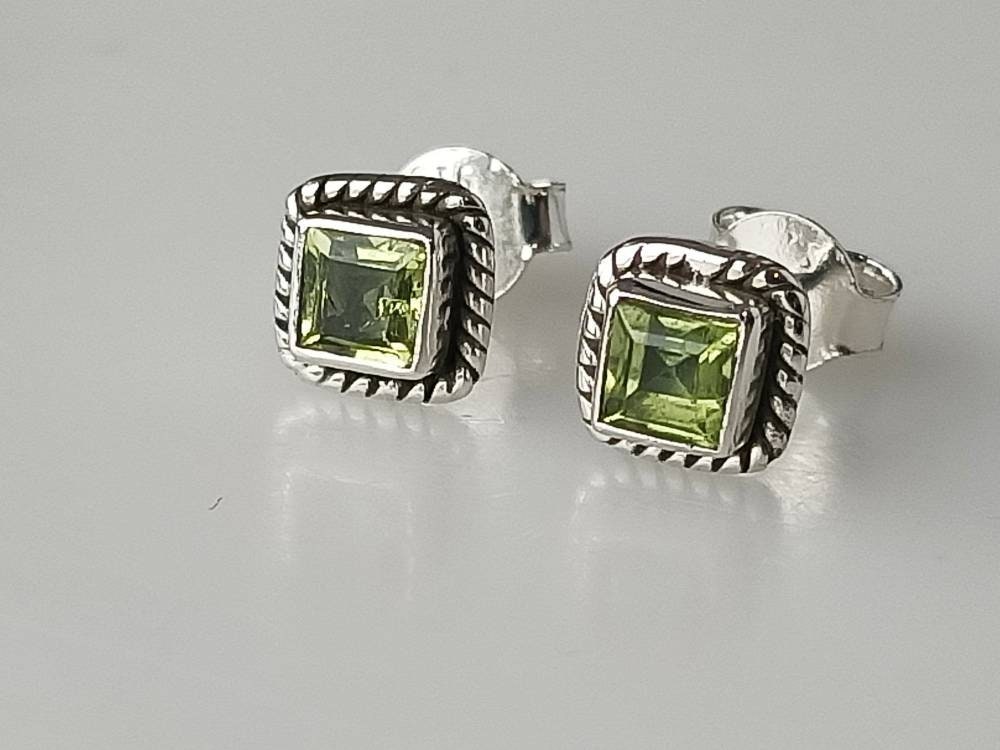 Genuine PERIDOT Gemstones Solid 925 OXIDIZED SILVER Bohemian Square Stud Earrings, Olive Green Cushion Cut  Peridot Stud Earrings, Australia, Zorbajewellers