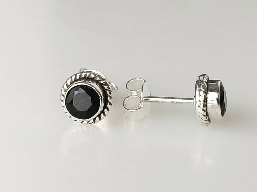 Genuine Black ONYX Gemstones Solid 925 Oxidized SILVER Round Bohemian Stud Earrings, Black Stud, Leo Zodiac December Birthstone, Australia, Zorbajewellers