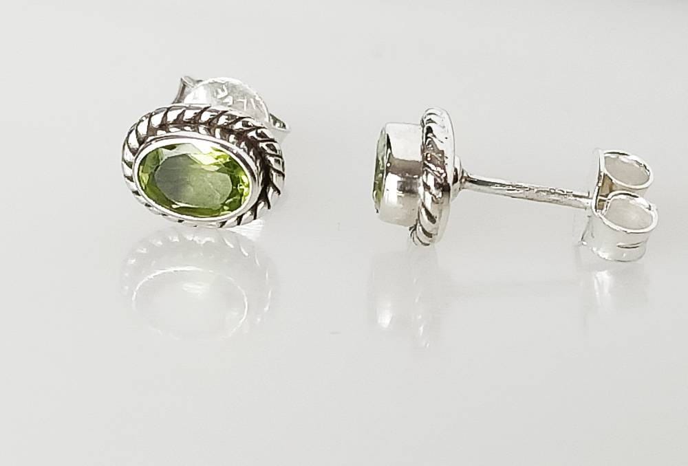 Genuine PERIDOT Gemstones Solid 925 OXIDIZED SILVER Bohemian Oval Stud Earrings, Olive Green Cushion Cut Peridot Stud Earrings, Australia, Zorbajewellers