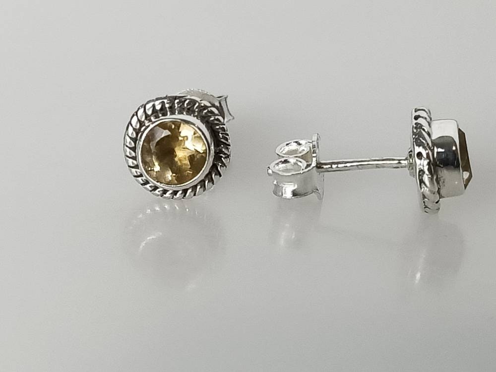 Genuine Citrine Gems Solid 925 Oxidized Sterling SILVER Round Stud Earrings, Yellow gems 925 silver earrings, November birthstone, Australia, Zorbajewellers