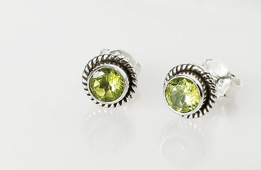 Genuine PERIDOT Gemstones Solid 925 OXIDIZED SILVER Bohemian Round Stud Earrings, Olive Green Cushion Cut Peridot Stud Earrings, Australia, Zorbajewellers