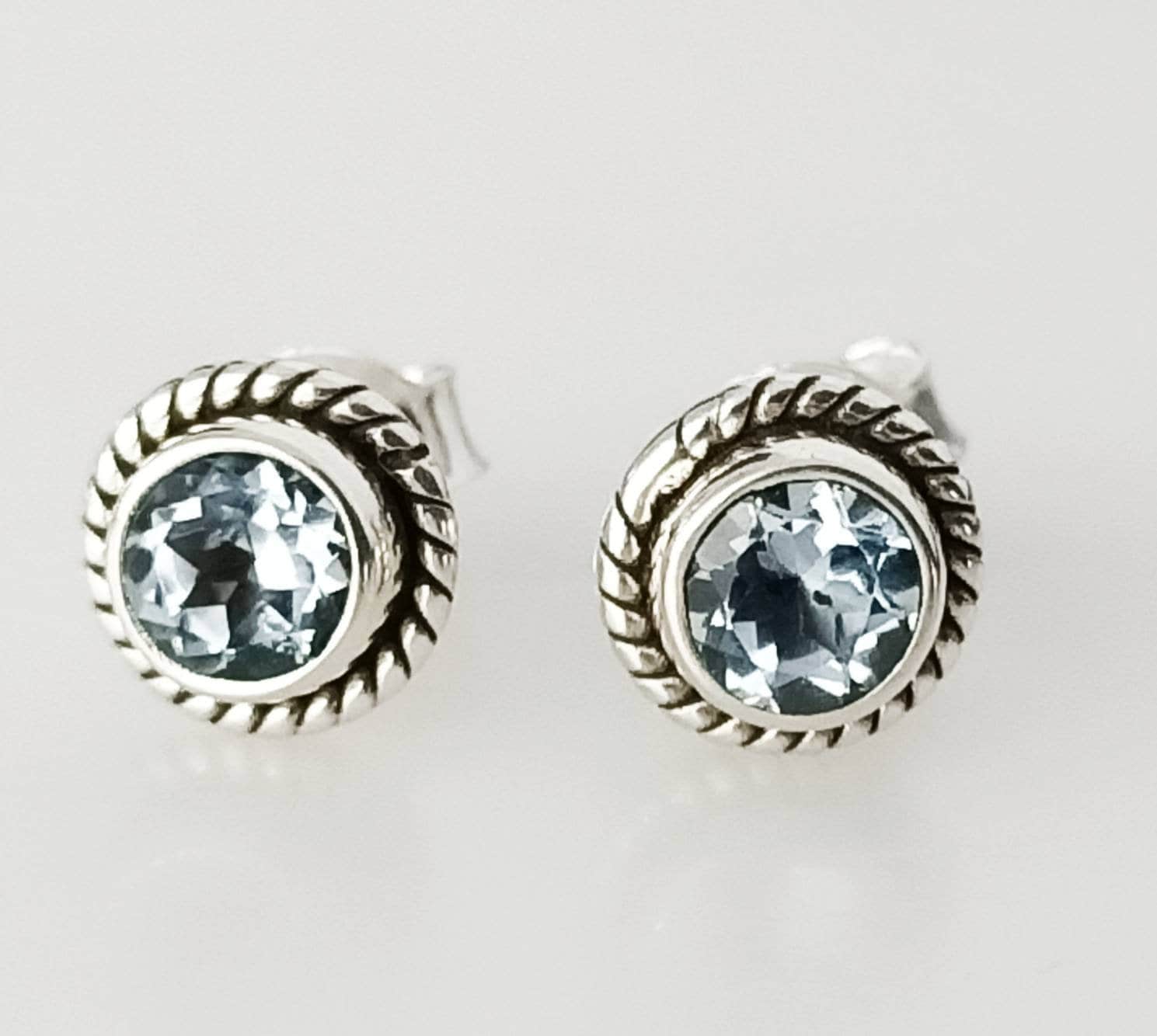 Genuine Blue TOPAZ Gemstones 925 Oxidized SILVER Circle Stud Earrings, Sagittarius Zodiac December Birthstone Boho Studs, Australia, Zorbajewellers