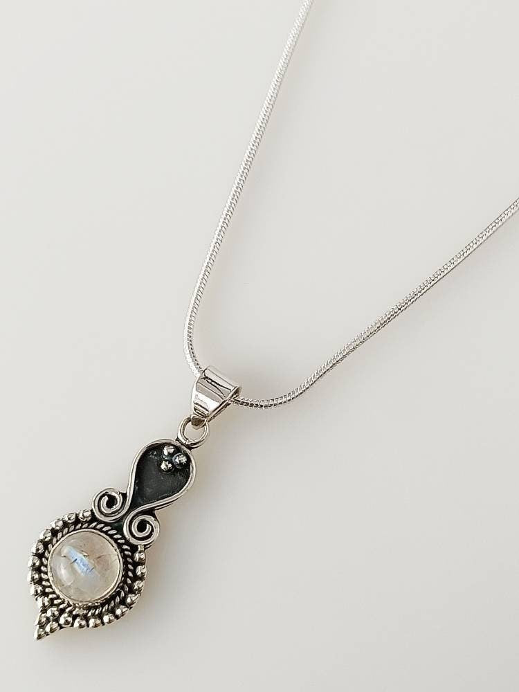 Oxidized bohemian round moonstone pendant, White gemstone bohemian silver necklace pendant, Cancer Zodiac June Birthstone gift, Australia, Zorbajewellers