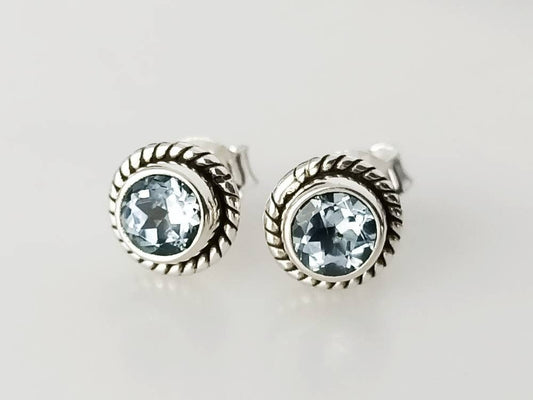 Genuine Blue TOPAZ Cushion Cut Gems 925 Oxidized SILVER Circle Stud Earrings, Sagittarius Zodiac December Birthstone Boho Studs, Australia, Zorbajewellers