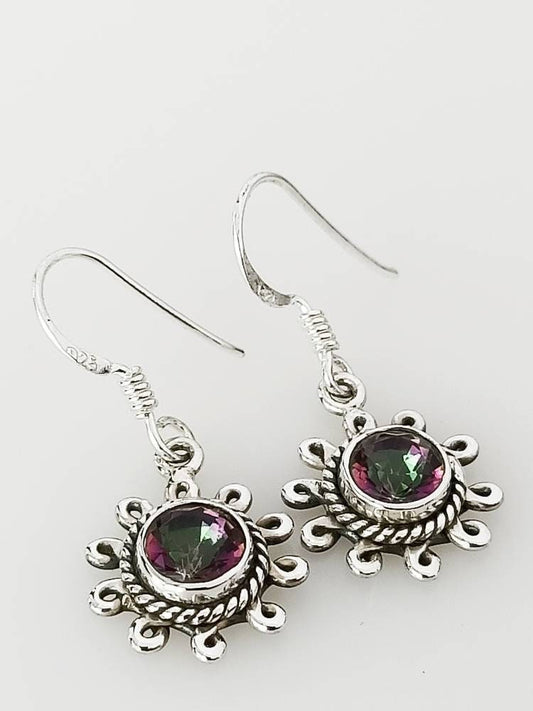 Genuine Mystic Topaz Gemstones 925 Sterling Silver Round Earrings, Rainbow gems earrings,  Sun Shape Mystic Topaz Dangle Earrings, Australia, Zorbajewellers