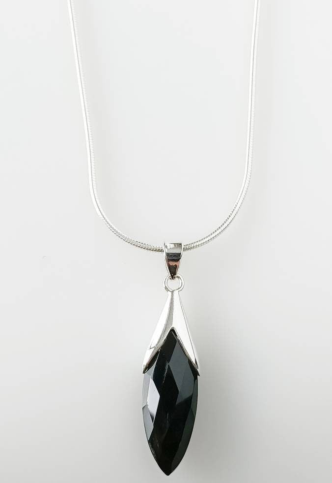 Beautifully Cut LONG Black Onyx Gemstone 925 Silver Pendant, Marquise Shaped Onyx Pendant, Leo Zodiac December Birthstone Gift, Australia, Zorbajewellers