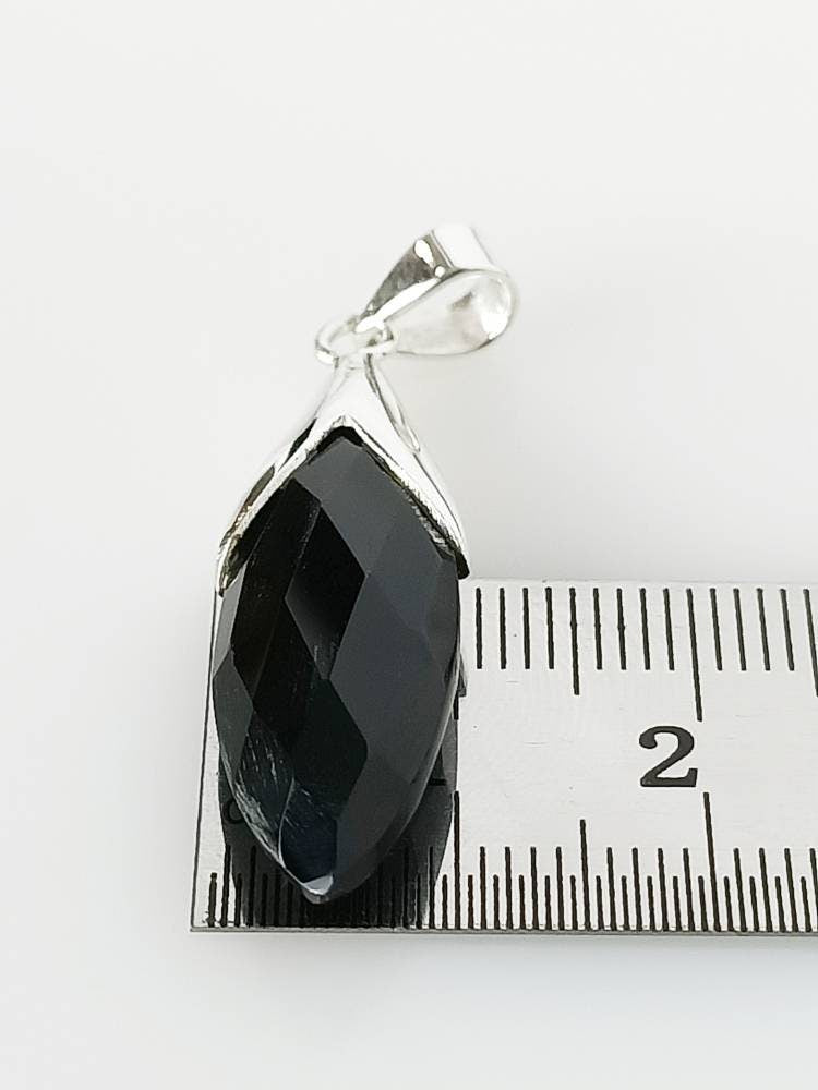 Beautifully Cut LONG Black Onyx Gemstone 925 Silver Pendant, Marquise Shaped Onyx Pendant, Leo Zodiac December Birthstone Gift, Australia, Zorbajewellers
