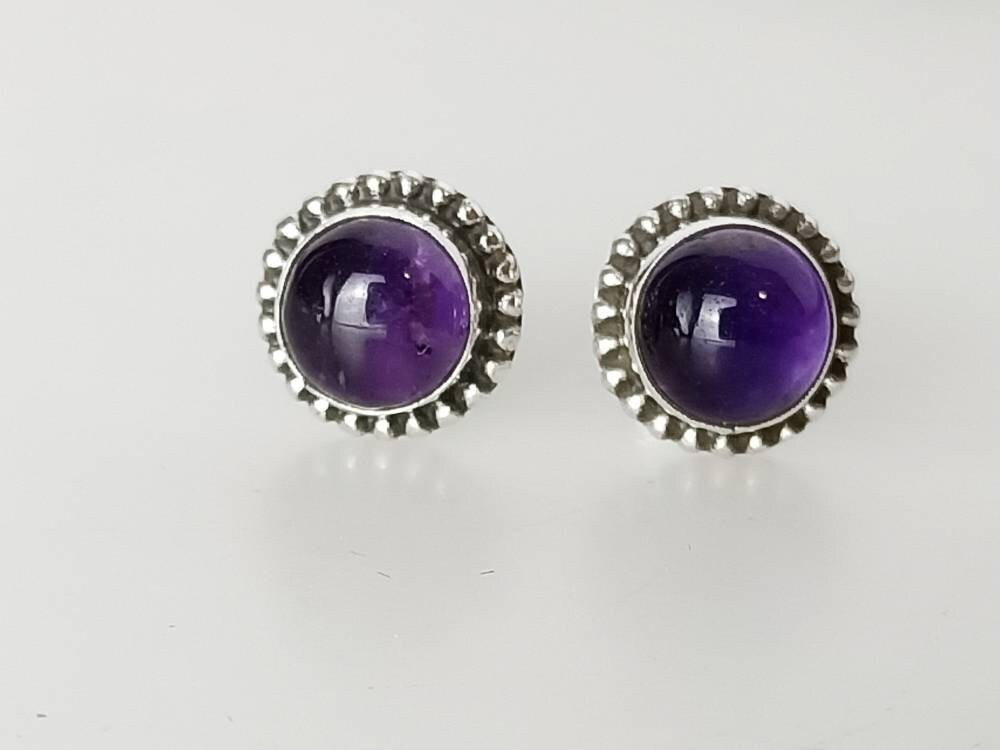 Amethyst Gemstones 925 Oxidized Silver Beads Stud Earrings, Dainty simple round gems studs, February Birthstone Aquarius Zodiac Australia, Zorbajewellers