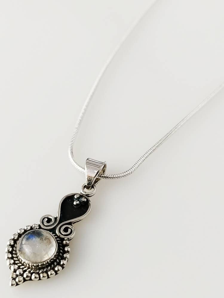 Oxidized bohemian round moonstone pendant, White gemstone bohemian silver necklace pendant, Cancer Zodiac June Birthstone gift, Australia, Zorbajewellers