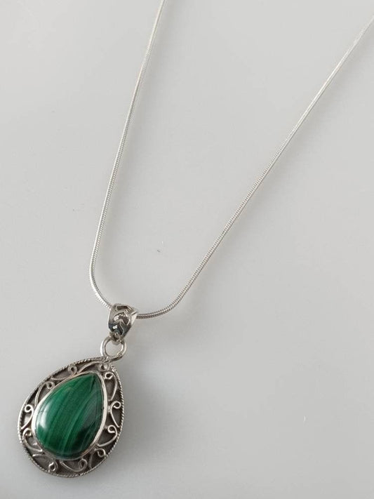 Green malachite pendant, green gemstone silver pendant, oxidized silver pendant, leaf shaped pendant, textured green, boho, Australia, Zorbajewellers