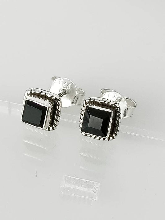 Genuine Black ONYX Gemstones Solid 925 Oxidized SILVER Square Bohemian Stud Earrings, Black Stud, Leo Zodiac December Birthstone, Australia, Zorbajewellers