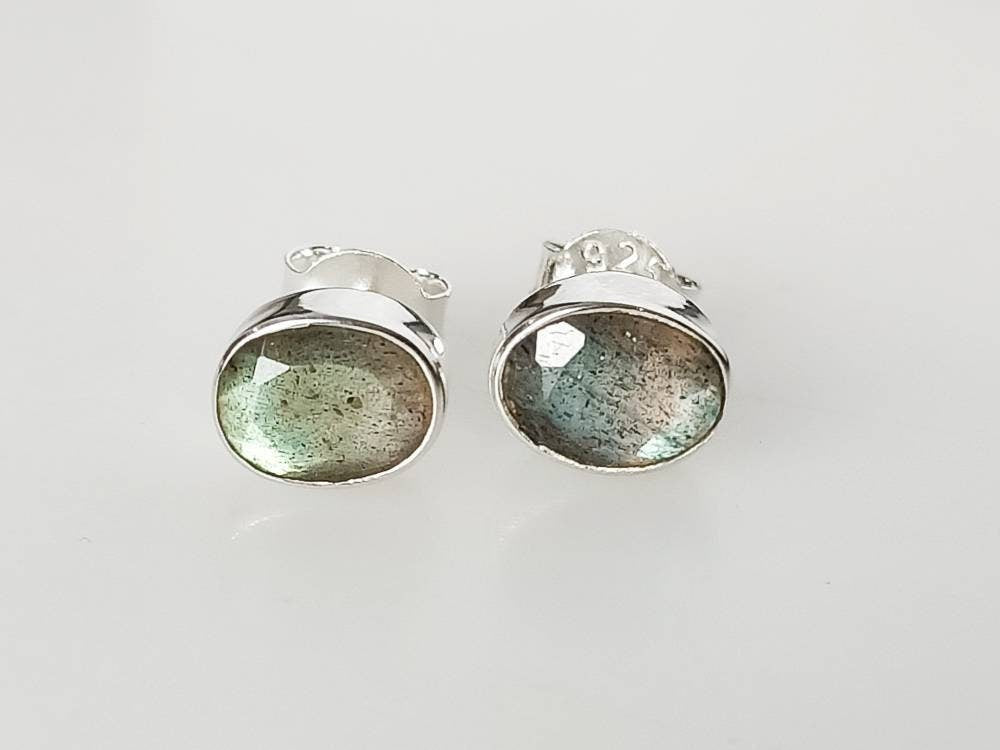 Genuine LABRADORITE Gems Solid 925 SILVER frame Stud Earrings, MEDIUM Oval Shaped Labradorite Cut stone Solid 925 Silver Earrings, Australia, Zorbajewellers