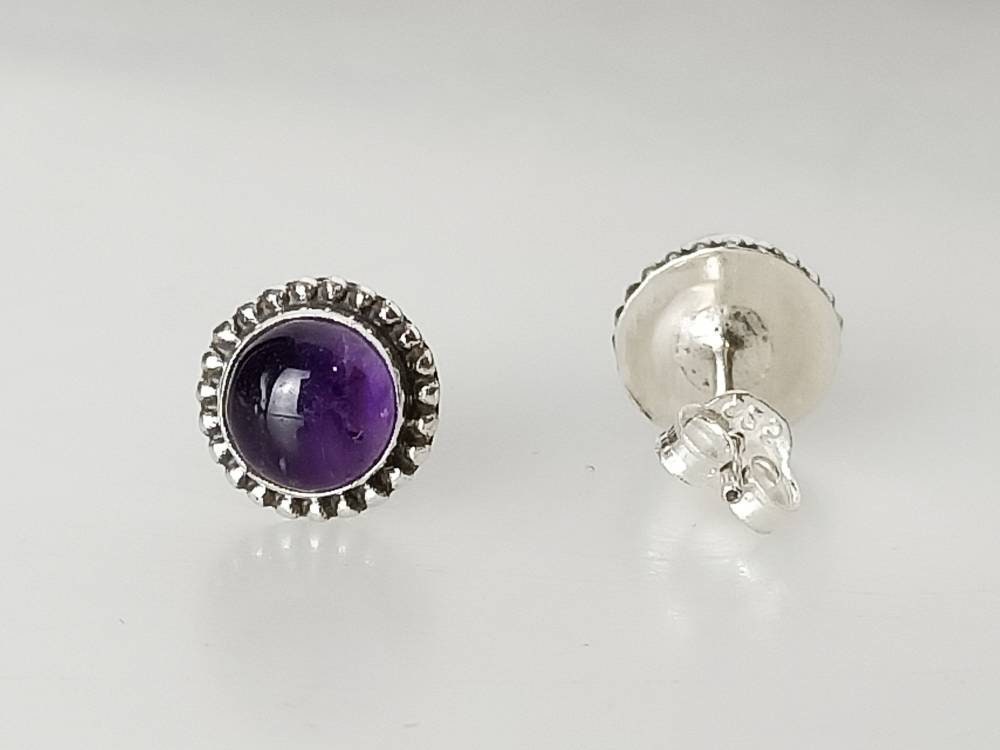 Amethyst Gemstones 925 Oxidized Silver Beads Stud Earrings, Dainty simple round gems studs, February Birthstone Aquarius Zodiac Australia, Zorbajewellers
