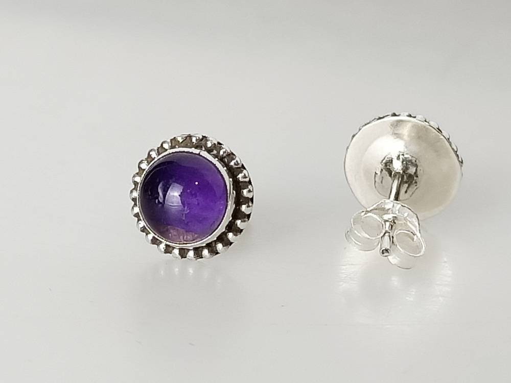 Amethyst Gemstones 925 Oxidized Silver Beads Stud Earrings, Dainty simple round gems studs, February Birthstone Aquarius Zodiac Australia, Zorbajewellers