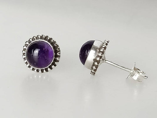 Amethyst Gemstones 925 Oxidized Silver Beads Stud Earrings, Dainty simple round gems studs, February Birthstone Aquarius Zodiac Australia, Zorbajewellers