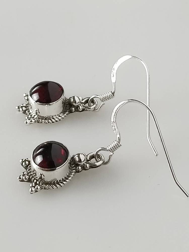 Red garnet gemstones set in oxidized sterling silver bohemian earrings, red wine colour gemstones, Capricorn, January birthstone, Australia, Zorbajewellers