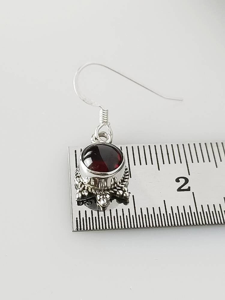 Red garnet gemstones set in oxidized sterling silver bohemian earrings, red wine colour gemstones, Capricorn, January birthstone, Australia, Zorbajewellers
