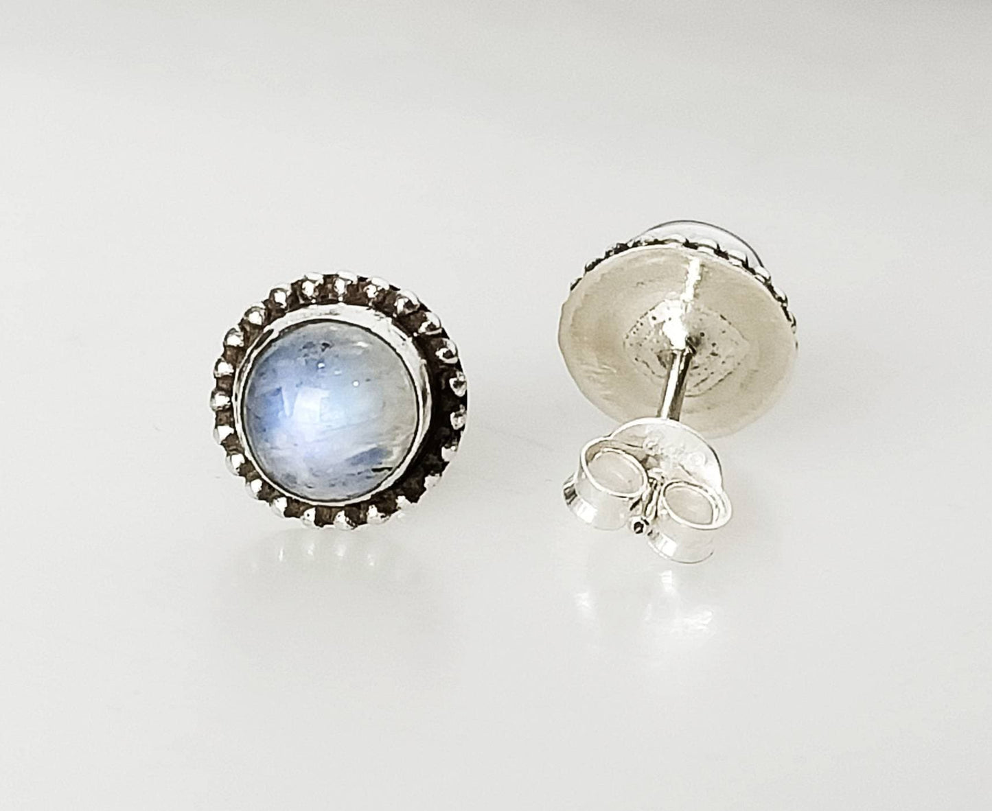 Genuine MOONSTONE Gems SOLID 925 Oxidized SILVER Beads Stud Earrings, Round Rope-edge, June Birthstone & Cancer Zodiac Gift, Australia, Zorbajewellers