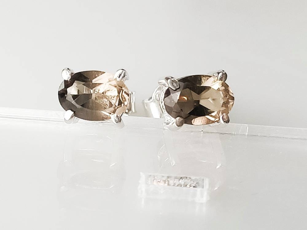 Genuine Oval shaped cut-stone natural brown smokey quartz Sterling Silver Prong Set Stud Earrings, Minimalist design, Clear brown, Australia, Zorbajewellers