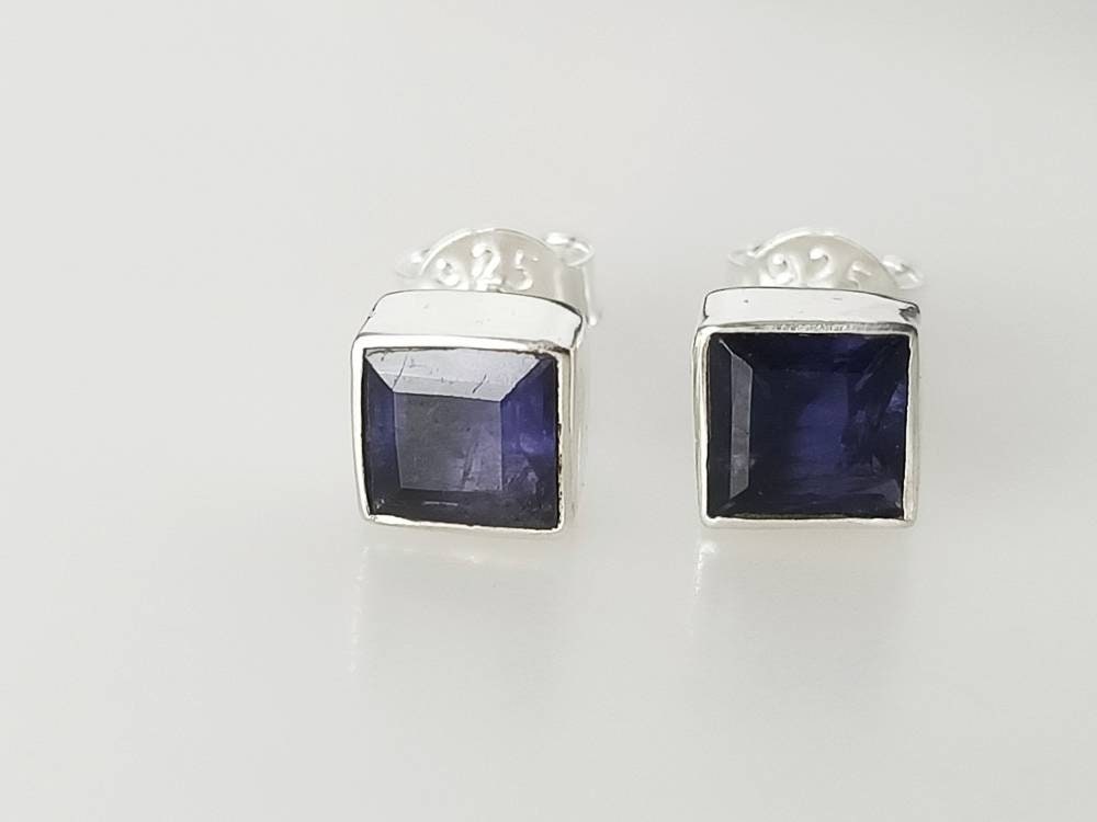 Genuine Iolite Square Cut Gems Solid 925 Sterling SILVER Square Stud Earrings, Sagittarius & Taurus Zodiac, September Birthstone, Australia, Zorbajewellers