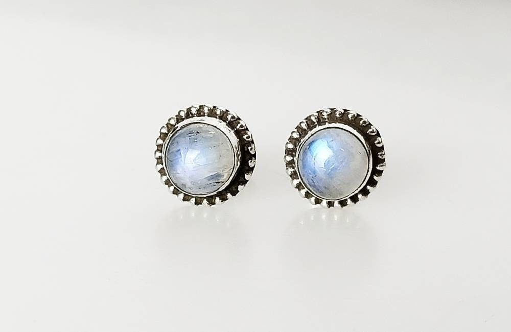 Genuine MOONSTONE Gems SOLID 925 Oxidized SILVER Beads Stud Earrings, Round Rope-edge, June Birthstone & Cancer Zodiac Gift, Australia, Zorbajewellers