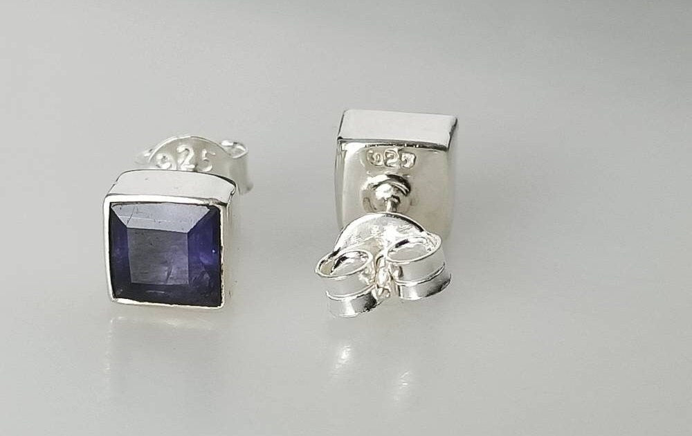 Genuine Iolite Square Cut Gems Solid 925 Sterling SILVER Square Stud Earrings, Sagittarius & Taurus Zodiac, September Birthstone, Australia, Zorbajewellers