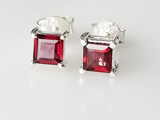 Genuine Red GARNET Square GEMS 925 SILVER Prong Set Stud Earrings, Red Garnet Stud Earrings, Capricorn Zodiac January Birthstone, Australia, Zorbajewellers