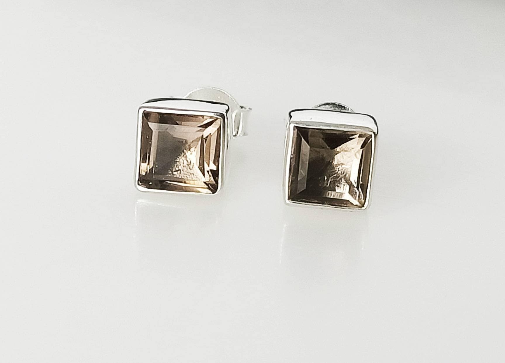 Square shaped natural brown smoky QUARTZ GEMS 925 Sterling SILVER Stud Earrings, Minimalist design, brown gems stud earrings , Australia, Zorbajewellers