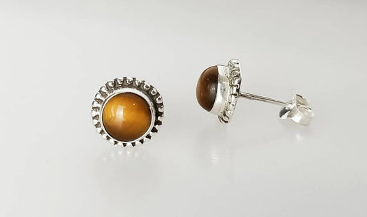 Tiger's Eye Gemstones Oxidized 925 Sterling Silver Beads Round Stud Earrings, Tiger Eye gemstone studs, July Birthstone, Tiger Eye Australia, Zorbajewellers