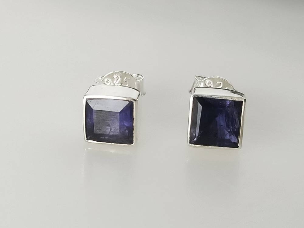 Genuine Iolite Square Cut Gems Solid 925 Sterling SILVER Square Stud Earrings, Sagittarius & Taurus Zodiac, September Birthstone, Australia, Zorbajewellers