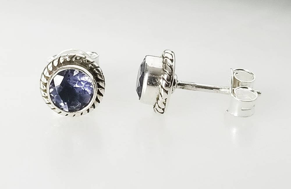 Genuine Iolite Round Gemstones 925 Oxidized Sterling SILVER Stud Earrings, Libra, Sagittarius Taurus Zodiac, September Birthstone, Australia, Zorbajewellers
