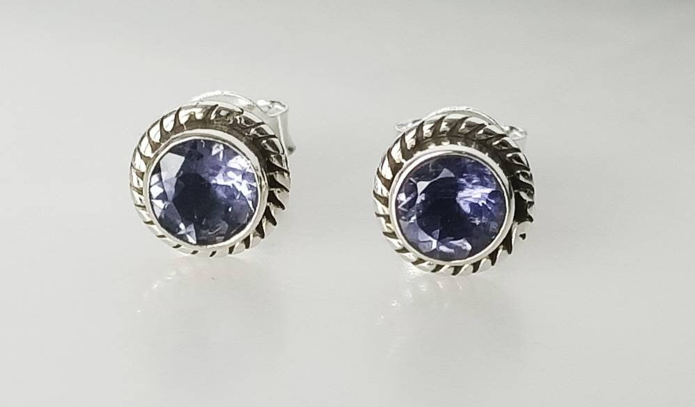 Genuine Iolite Round Gemstones 925 Oxidized Sterling SILVER Stud Earrings, Libra, Sagittarius Taurus Zodiac, September Birthstone, Australia, Zorbajewellers