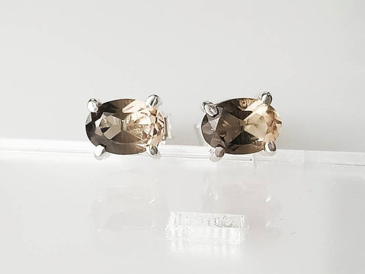 Genuine Oval shaped cut-stone natural brown smokey quartz Sterling Silver Prong Set Stud Earrings, Minimalist design, Clear brown, Australia, Zorbajewellers