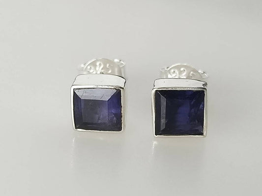 Genuine Iolite Square Cut Gems Solid 925 Sterling SILVER Square Stud Earrings, Sagittarius & Taurus Zodiac, September Birthstone, Australia, Zorbajewellers