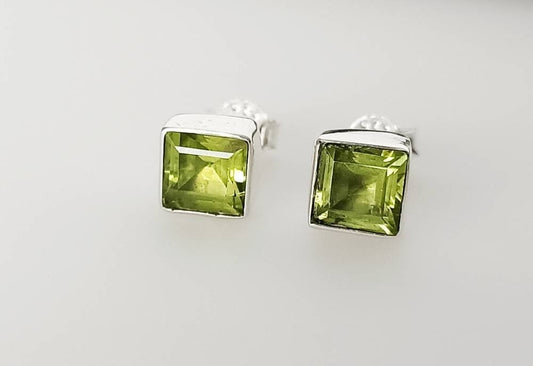 Genuine PERIDOT Gems Solid 925 Sterling SILVER Minimalist Square Stud Earrings, Olive Green Beautifully Cut Peridot Stud Earrings, Australia, Zorbajewellers