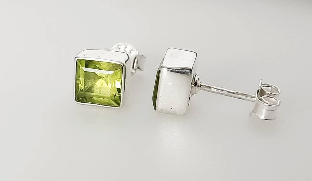 Genuine PERIDOT Gems Solid 925 Sterling SILVER Minimalist Square Stud Earrings, Olive Green Beautifully Cut Peridot Stud Earrings, Australia, Zorbajewellers