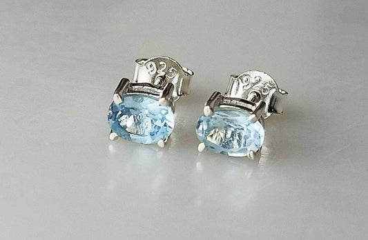 Blue TOPAZ Oval Cut Gemstones Solid 925 Sterling SILVER Stud Earrings, Sagittarius Zodiac December Birthstone, Cut Blue Topaz, Australia, Zorbajewellers