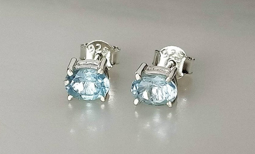 Blue TOPAZ Oval Cut Gemstones Solid 925 Sterling SILVER Stud Earrings, Sagittarius Zodiac December Birthstone, Cut Blue Topaz, Australia, Zorbajewellers