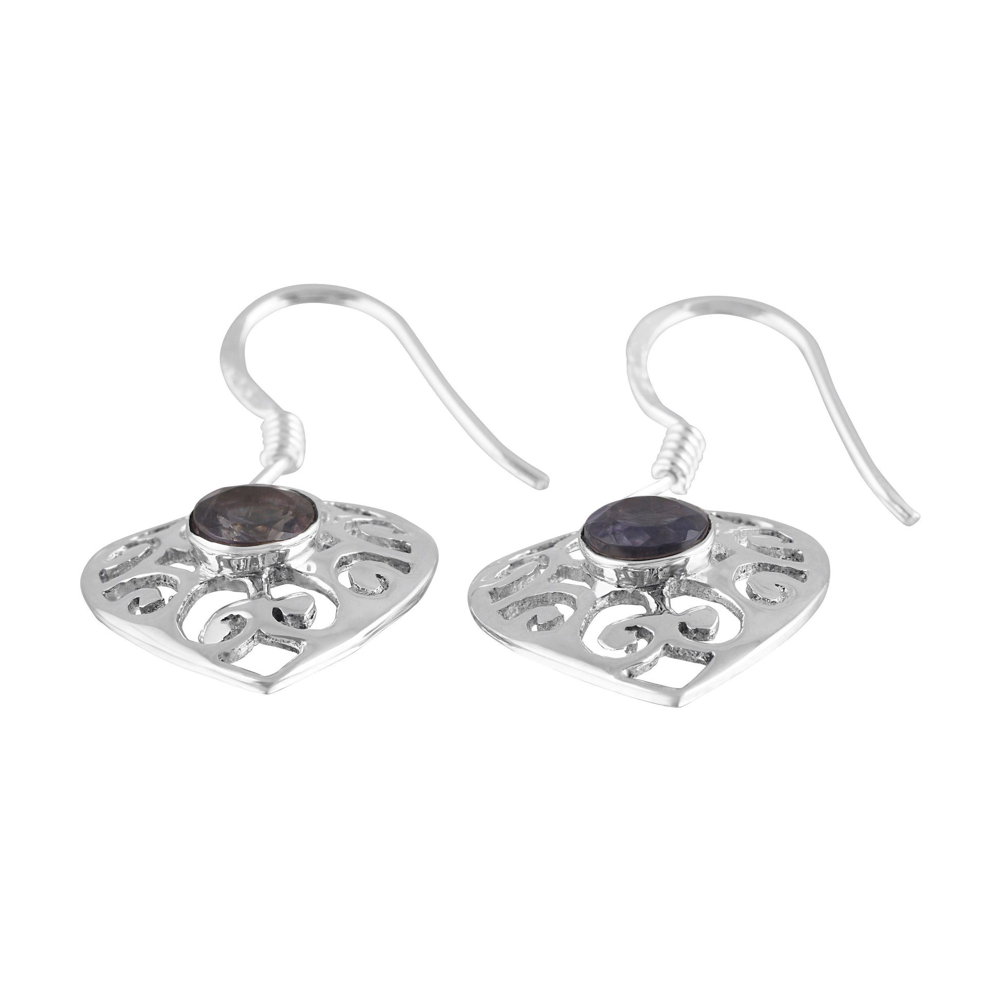 Genuine Iolite Round Cut Gems Solid 925 Sterling SILVER Heart Filigree earrings, Sagittarius Taurus Zodiac, September Birthstone, Australia, Zorbajewellers