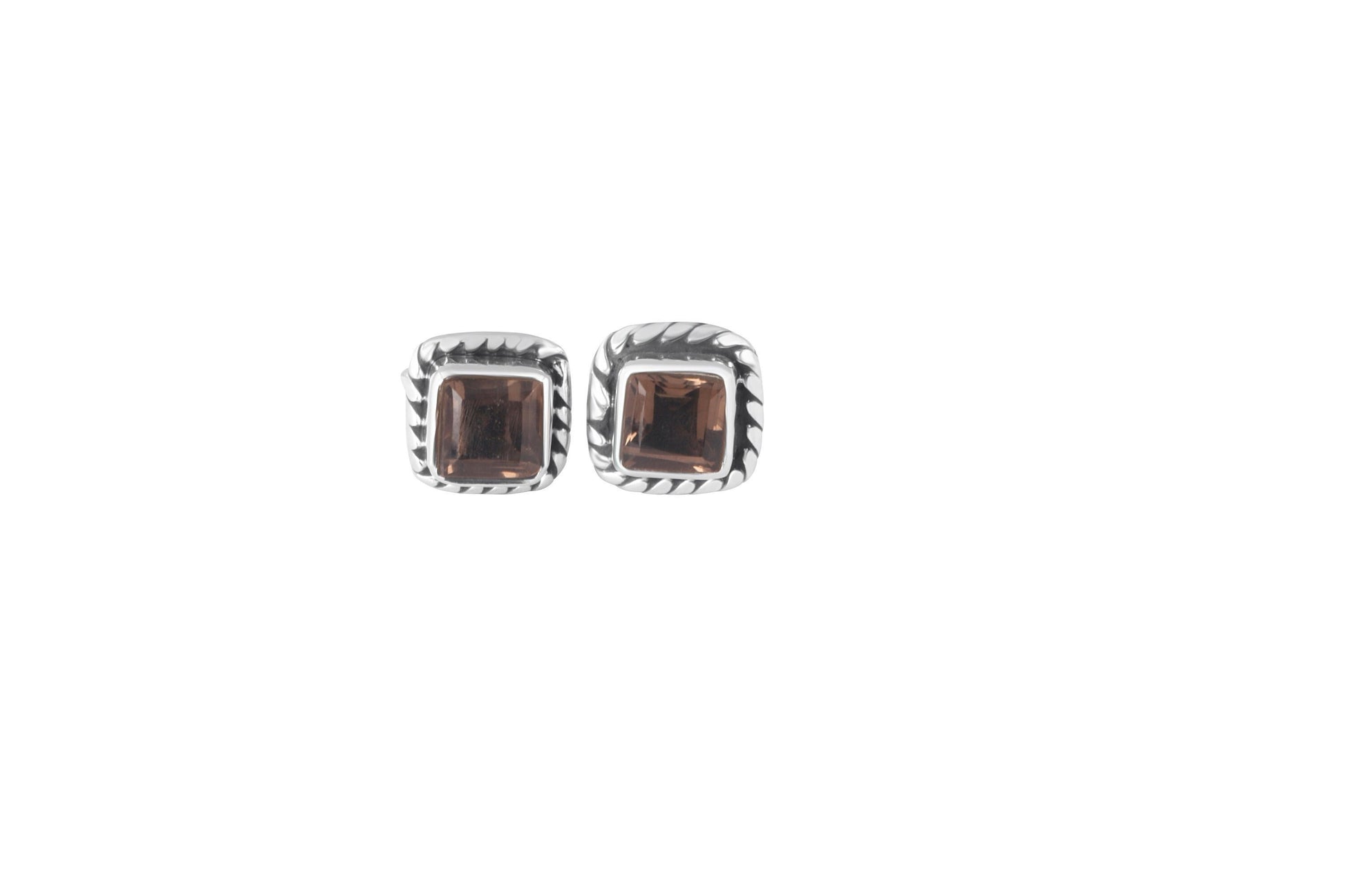 Square shaped cut-stone natural brown smoky quartz Oxidized 925 Silver Stud Earrings, Bohemian Oxidized Silver Square Stud Earring Australia, Zorbajewellers