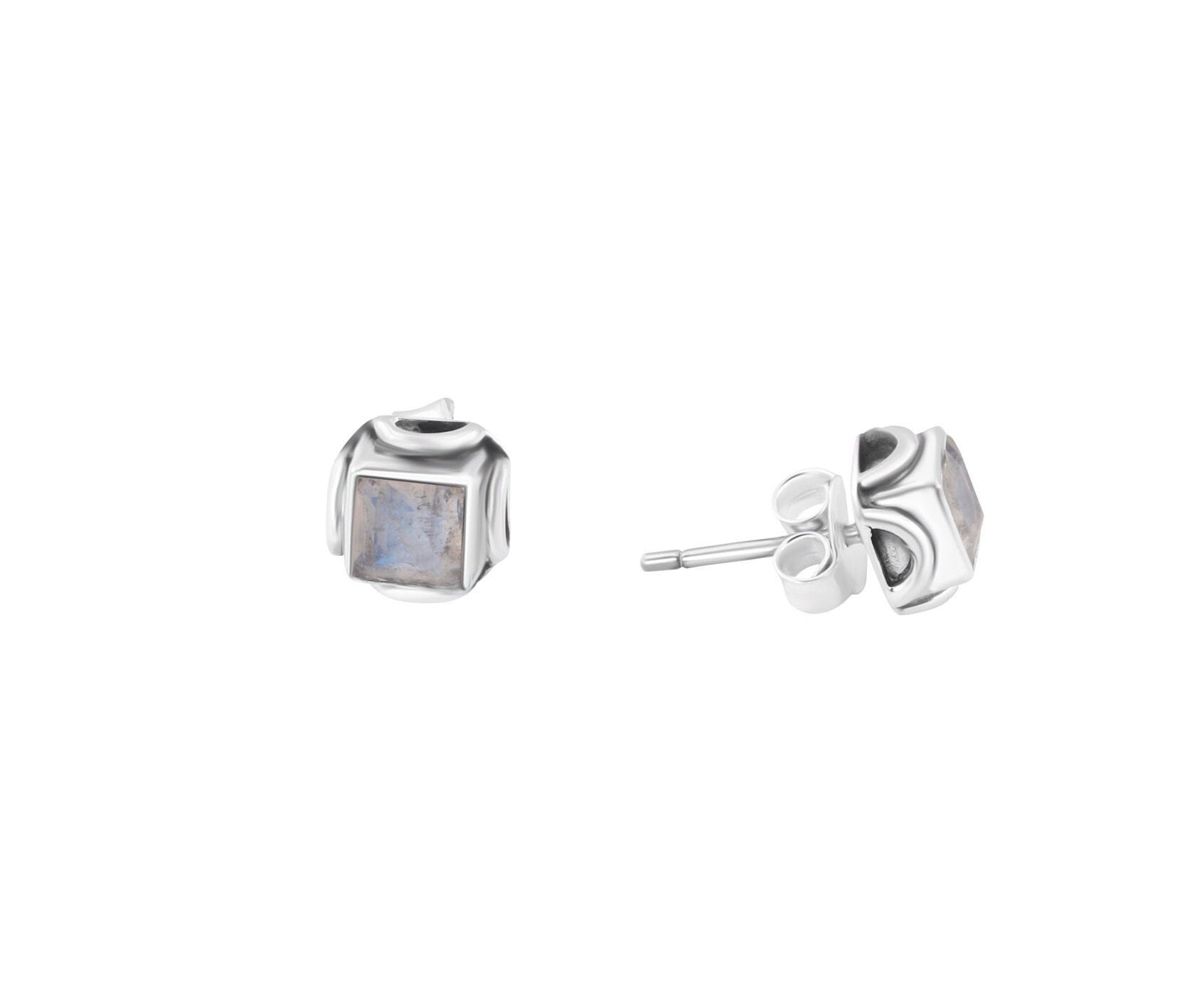 Genuine MOONSTONE square Gems SOLID 925 Oxidized SILVER Stud Earrings, square filigree, June Birthstone & Cancer Zodiac Gift, Australia, Zorbajewellers