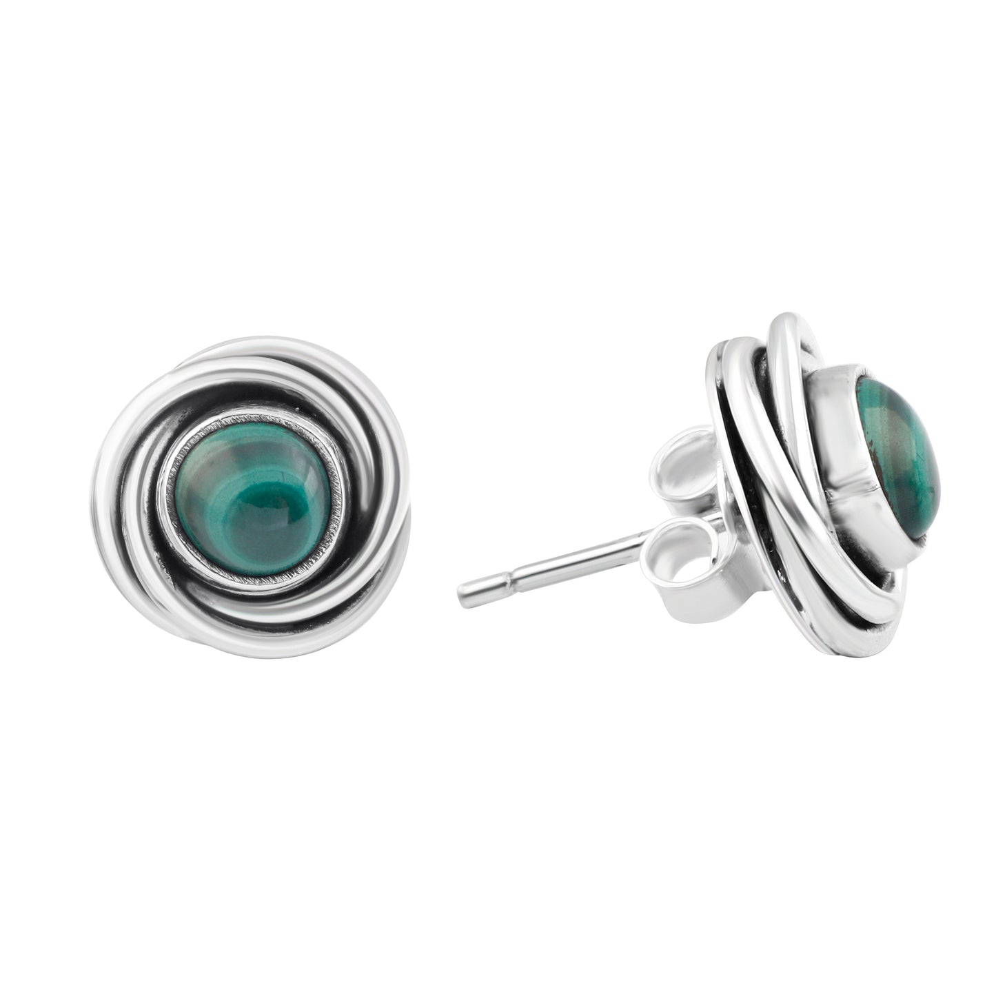 Green malachite gems round twirl 925 silver stud earrings, Textured Green Geometric oxidized silver earring, Zodiac May birthstone Australia, Zorbajewellers