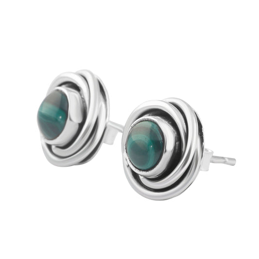 Green malachite gems round twirl 925 silver stud earrings, Textured Green Geometric oxidized silver earring, Zodiac May birthstone Australia, Zorbajewellers
