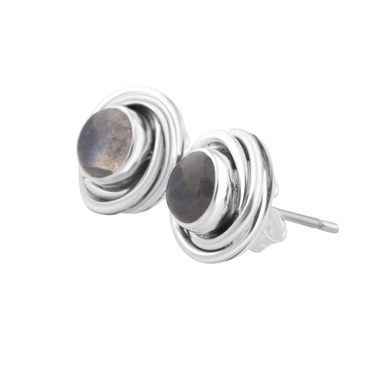 Genuine LABRADORITE Gems SOLID 925 Oxidized SILVER twirl Stud Earrings, Round Shaped Cut Labradorite Sterling Silver Earrings, Australia, Zorbajewellers