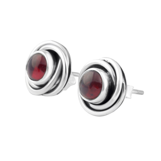 Genuine Red GARNET GEMS 925 Oxidized SILVER Round Twirl Stud Earrings, Bohemian Garnet Studs, Capricorn Zodiac January Birthstone, Australia, Zorbajewellers