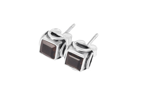 Square cut-stone brown smoky quartz Oxidized 925 Silver Stud Earrings, Bohemian Oxidized Silver Square Stud Earring Australia, Zorbajewellers