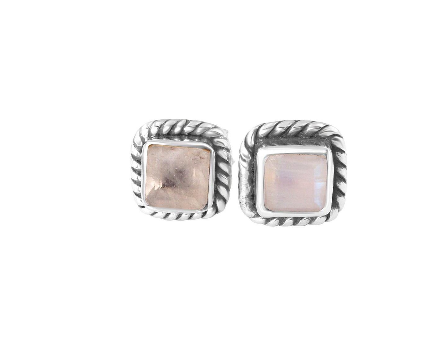 Genuine MOONSTONE Gems SOLID 925 Oxidized SILVER Minimalist Stud Earrings, Square Rope-edge, June Birthstone & Cancer Zodiac Gift, Australia, Zorbajewellers