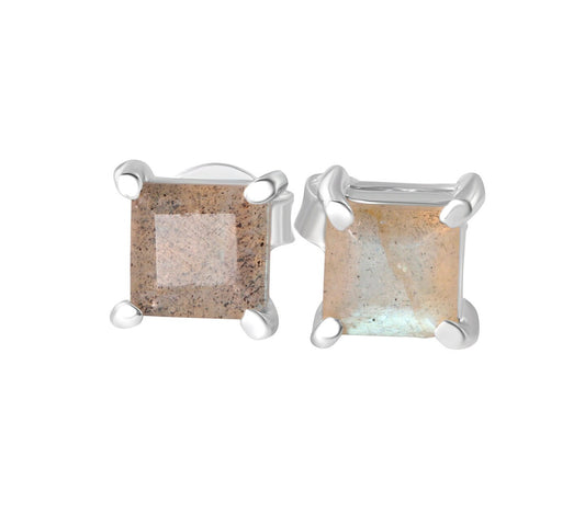 Genuine LABRADORITE square Gems 925 Sterling SILVER Prong Stud Earrings, Square Shaped Labradorite Solid 925 Silver Earrings, Australia, Zorbajewellers