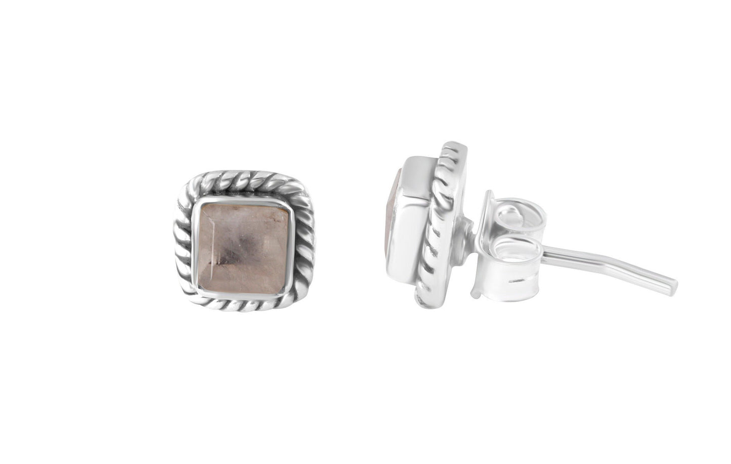 Genuine MOONSTONE Gems SOLID 925 Oxidized SILVER Minimalist Stud Earrings, Square Rope-edge, June Birthstone & Cancer Zodiac Gift, Australia, Zorbajewellers